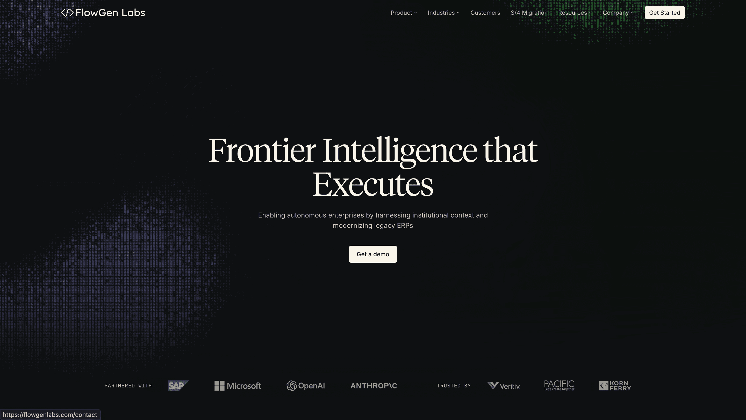 FlowGen Labs homepage: Frontier Intelligence that Executes, partnered with SAP, Microsoft, OpenAI, and Anthropic