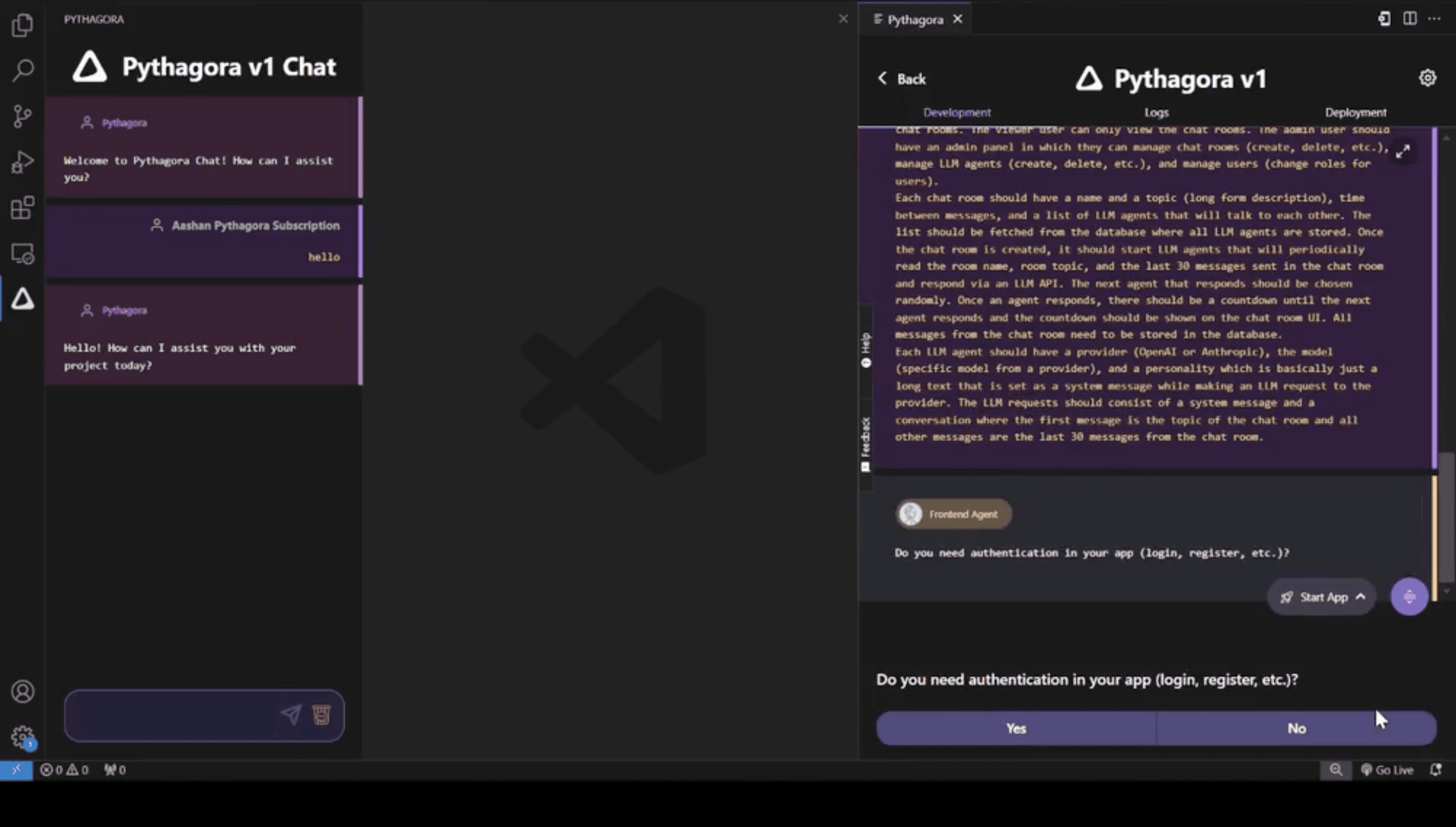 The Pythagora extension running inside VS Code, with the agent conversation panel beside the code editor