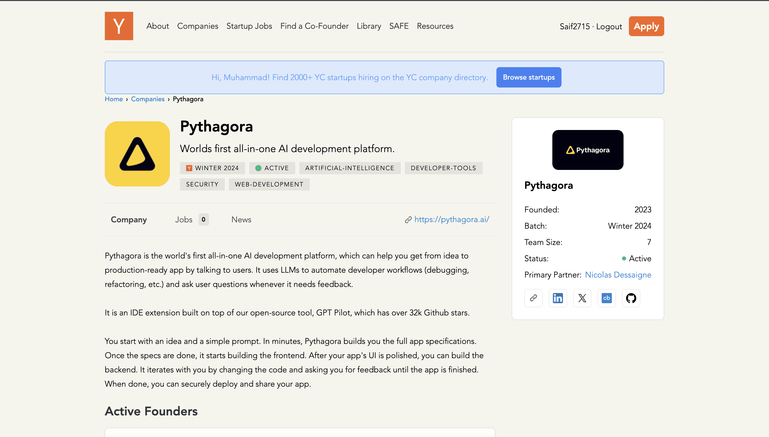 Pythagora's Y Combinator company page showing Winter 2024 batch and a team size of 7